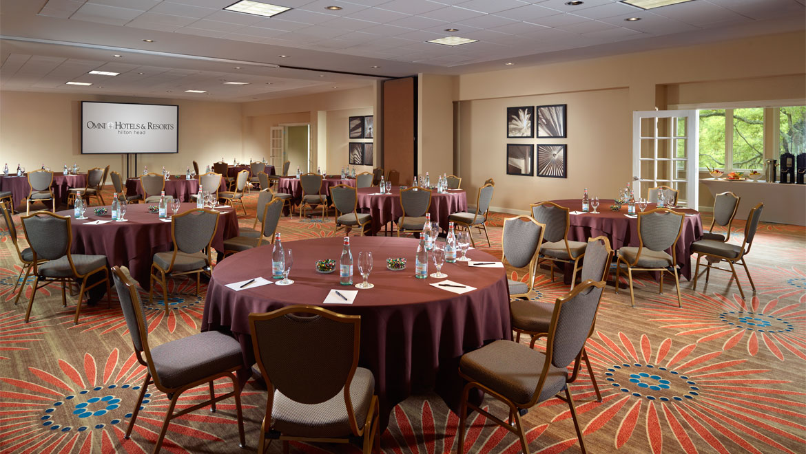 May River meeting room set with cresent round tables