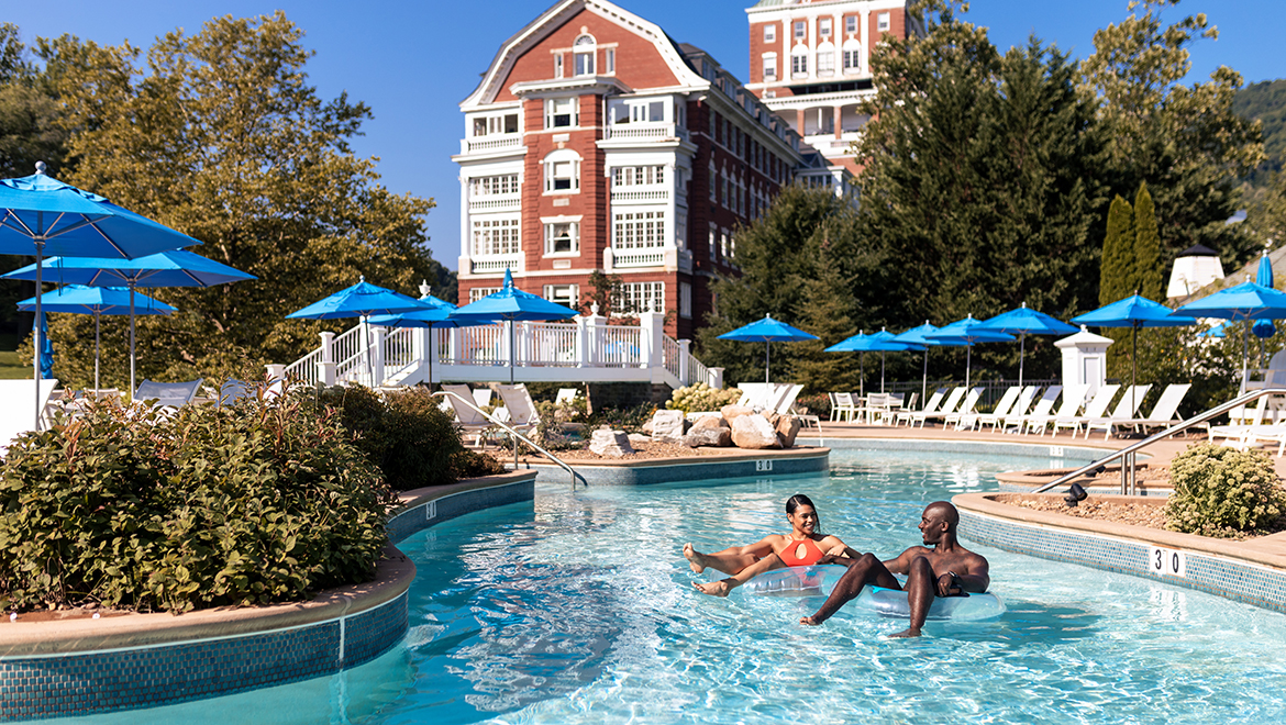 People floating on tubes in a lazy river